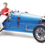 CMC Bugatti Type 35, bright blue livery with female racer figurine