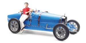 CMC Bugatti Type 35, bright blue livery with female racer figurine
